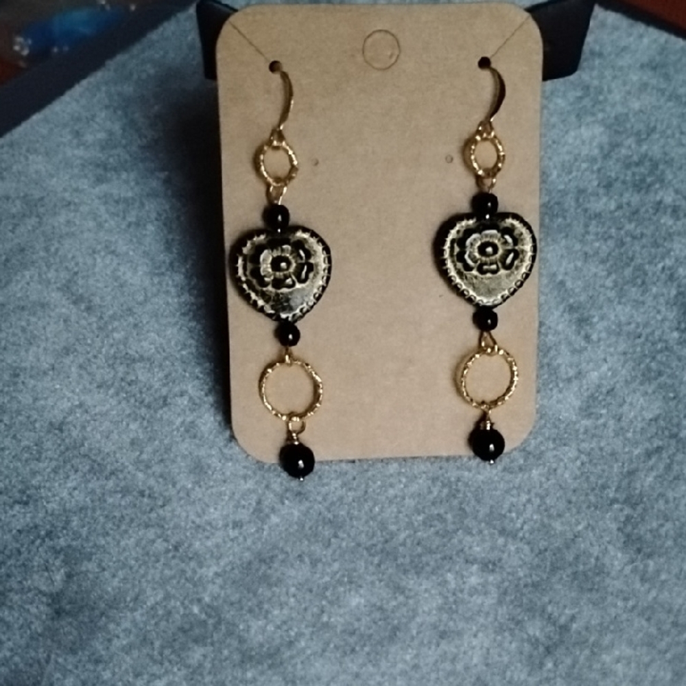 Hand Crafted Gold and Black Heart Earrings With Tourmaline
